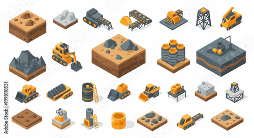 Tableau sur toile Isometric icons representing construction, mining, and industrial elements with heavy machinery and raw materials