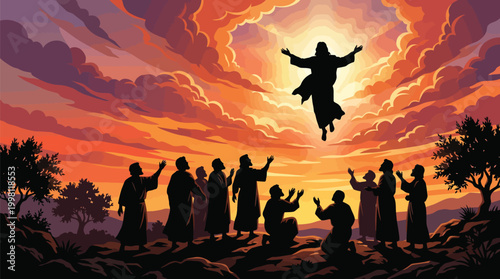 Jesus Ascending Silhouette with Crowd at Dawn Sky