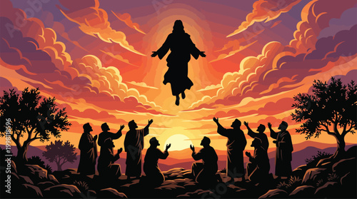 Jesus Christ Ascension Silhouette at Sunset with Disciples