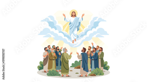 Ascension of Jesus Christ with Disciples and Clouds Heaven