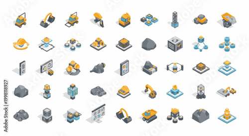 Isometric icons representing mining industry, construction, and technology elements.