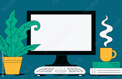 Organized workspace illustration — monitor, keyboard, plant, coffee cup on books, teal background.