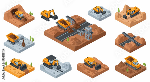 Isometric construction vehicles and equipment performing various earthmoving tasks on a construction site.