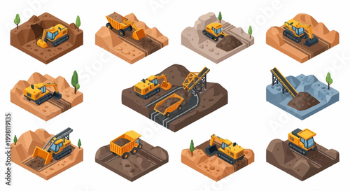 Isometric Construction and Mining Equipment Set with Excavators, Dump Trucks, and Loaders Working on Sites.