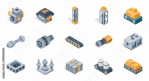 Collection of isometric industrial machine parts and components for manufacturing and engineering.