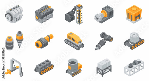 Set of isometric industrial machine parts and equipment icons for engineering and manufacturing.