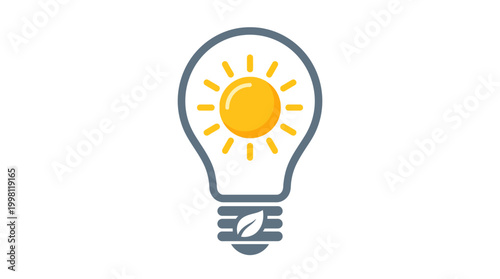 Lightbulb with sun and leaf, representing eco friendly ideas and innovation. Flat icon design, blue and yellow.