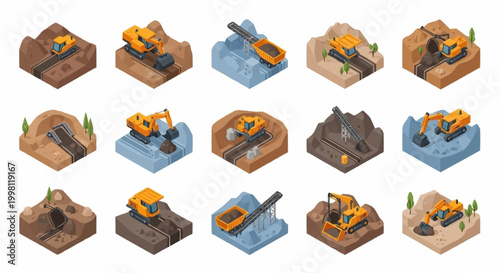 Set of isometric illustrations depicting excavators and construction machinery in various work environments and scenarios.
