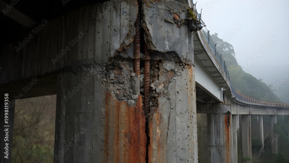 Fototapeta premium Close up of cracked concrete bridge pillar revealing rebar
