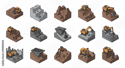 Isometric illustrations of construction machinery and earthmoving equipment on various terrains and construction sites.