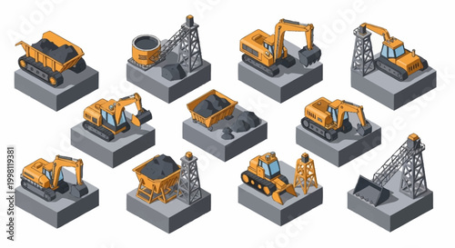 Isometric collection of construction and mining heavy machinery and equipment on white background.
