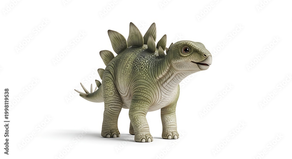 Fototapeta premium A charming, detailed illustration of a baby Stegosaurus dinosaur with green skin and distinctive plates, standing on a clean white background.