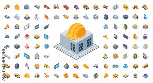 Isometric icons set for construction industry, engineering, and building projects, featuring hard hats, tools, vehicles, and structures.