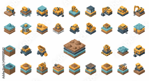 Collection of isometric 3D game assets representing construction elements and buildings.