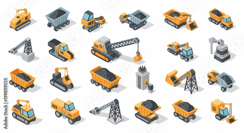 Isometric construction and mining vehicles and equipment set, isolated on white background.