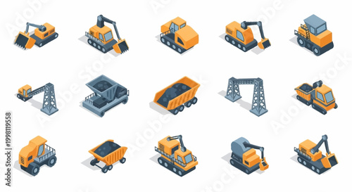 Collection of isometric construction and mining vehicles and equipment on a white background.