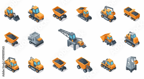 Collection of isometric construction and mining vehicles in yellow and orange colors, isolated on white background.