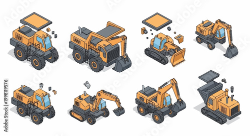 Set of isometric construction excavators and diggers with separate parts for customization and design.