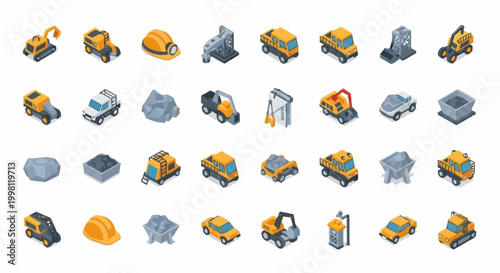 Isometric construction equipment and elements, including excavators, trucks, cement mixers, and safety helmets, presented in a clean, modern vector illustration style.