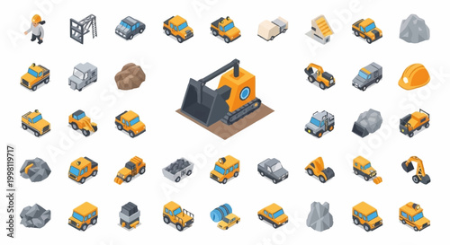 Collection of isometric construction and mining vehicles, equipment, and materials.