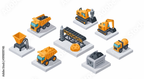 Isometric illustration of mining equipment and machinery on a white background.
