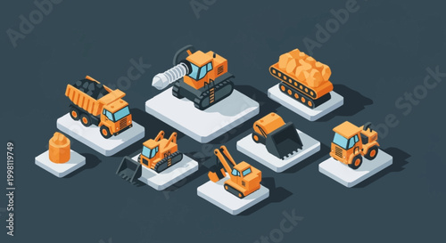 Collection of isometric construction vehicles and machinery on a dark background, representing industry and heavy equipment.