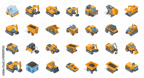Collection of isometric construction vehicles and equipment, including excavators, dump trucks, bulldozers, and loaders, isolated on a white background.