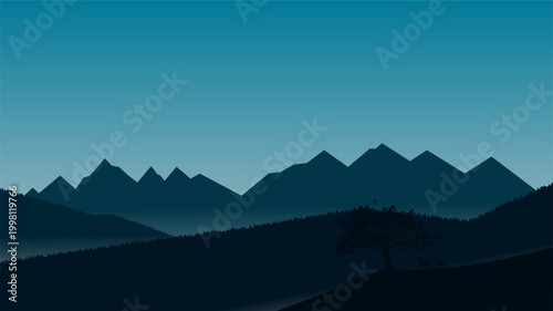 Minimalist mountain peaks with trees and deer at blue sky