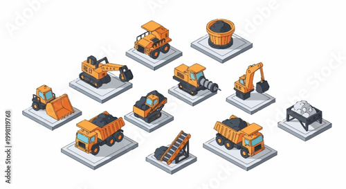 Isometric illustration of various construction and mining vehicles and equipment on white background.