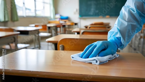 Janitors gloved hand wipes school desk with blue cloth