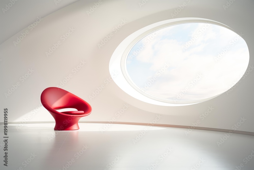 Fototapeta premium Red chair sitting in a bright, modern, minimalist room with an oval window