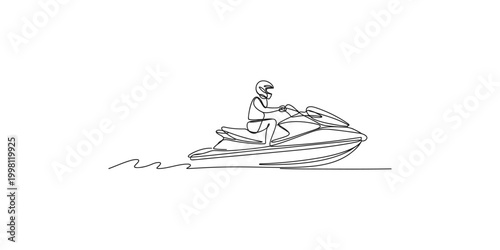 A person riding a jet ski on the water in a continuous line drawing style