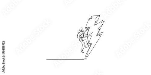 A line drawing of a person climbing a steep cliff face with a backpack on their back and a determined look on their face as they ascend upwards