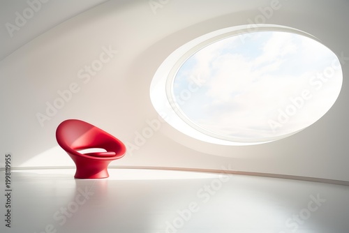 Red chair sitting in a bright, modern, minimalist room with an oval window
