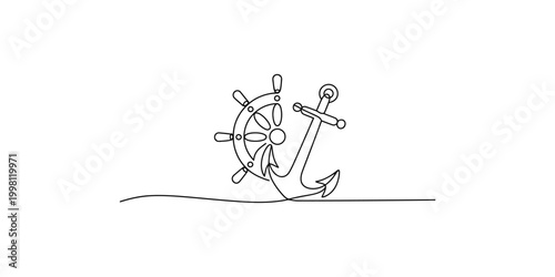 Continuous line drawing of an anchor and ship wheel on white background nautical symbol