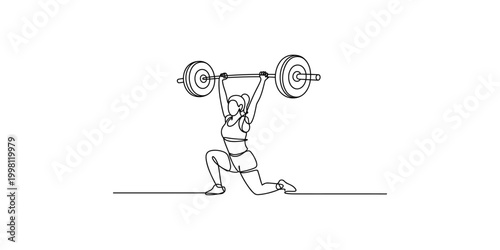 A woman doing a squat with a barbell over her head in a line drawing style
