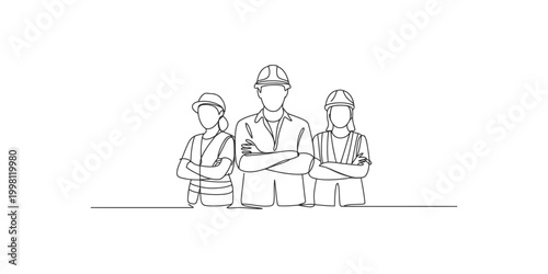 Line drawing of three construction workers wearing hard hats standing with arms crossed on white background