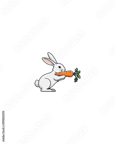 A cute cartoon rabbit with big ears happily nibbling on a vibrant orange carrot, symbolizing nature's bounty and a healthy diet