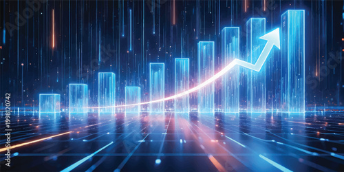 Abstract business background featuring blue arrows and a digital technology wave of heart rate monitor EKG lines over a finance market stock chart illustration