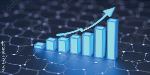 A 3D illustration of a blue financial growth chart with an arrow pointing up on a screen to represent investment success and market progress