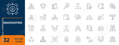 Headhunting Icon Set. Containing Hiring, Recruitment, Candidate, Employment, Job, HR and more. Editable vector Line icons collection.