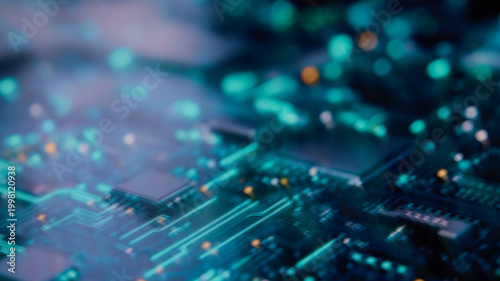 Foto Futuristic Technology Background with Digital Circuit Network Glow in turquoise