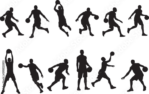 Vector illustration of a black silhouette set featuring men and women athletes in action competition including soccer football and basketball players running with a ball for fitness and sports