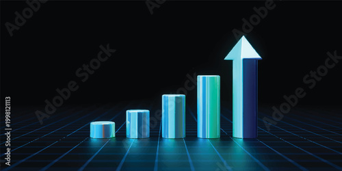 A 3D business graph with an arrow showing financial growth and market progress as an illustration of investment success and profit increase