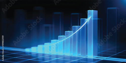 A 3d blue business graph featuring an upward arrow on a black background illustrates financial growth and market success through data investment and economic progress