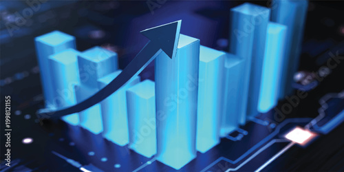 A 3d vector illustration of a financial business graph showing growth and market success with an upward arrow indicating progress in sales data and profit increase