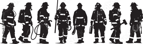 A vector illustration of a black silhouette of a person, a man with a sword standing together with a group of people including a woman and a child