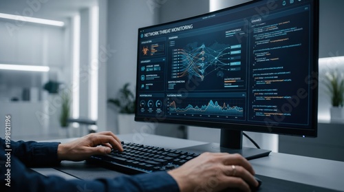Cybersecurity specialist monitoring network threat detection system on computer screen, analyzing global cyber attack map, firewall status and security data logs in high-tech