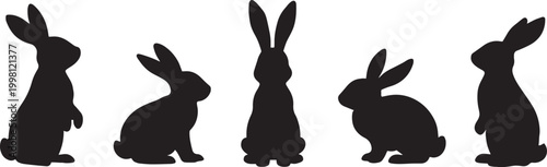 Isolated vector silhouettes of animals and birds featuring a cute bunny rabbit, a pet cat, and a wild donkey illustration for spring nature art