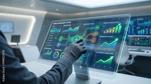 Futuristic Energy Management System Dashboard, Holographic Interface Monitoring Solar Power Grid, Battery Storage Status, Green Technology Control Panel, Smart Building Automation